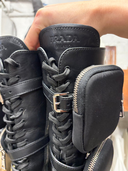 Prada ‘Monolith’ Black Calfskin Leather High Cut Cargo Boots
