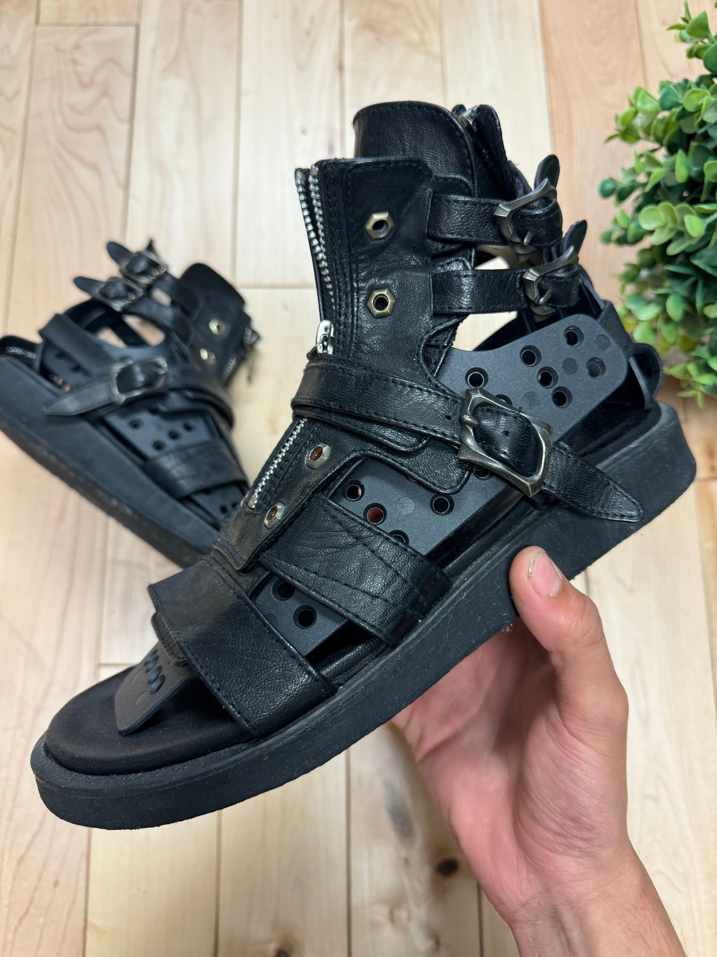 14th Addiction Black Calfskin Leather ‘Gladiator’ Spartan High Top Sandals