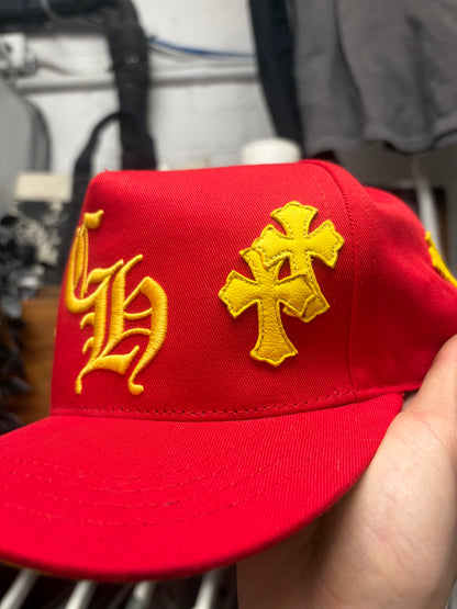 Chrome Hearts Red/Yellow Leather Cross Patch ‘CH Logo’ Trucker Hat