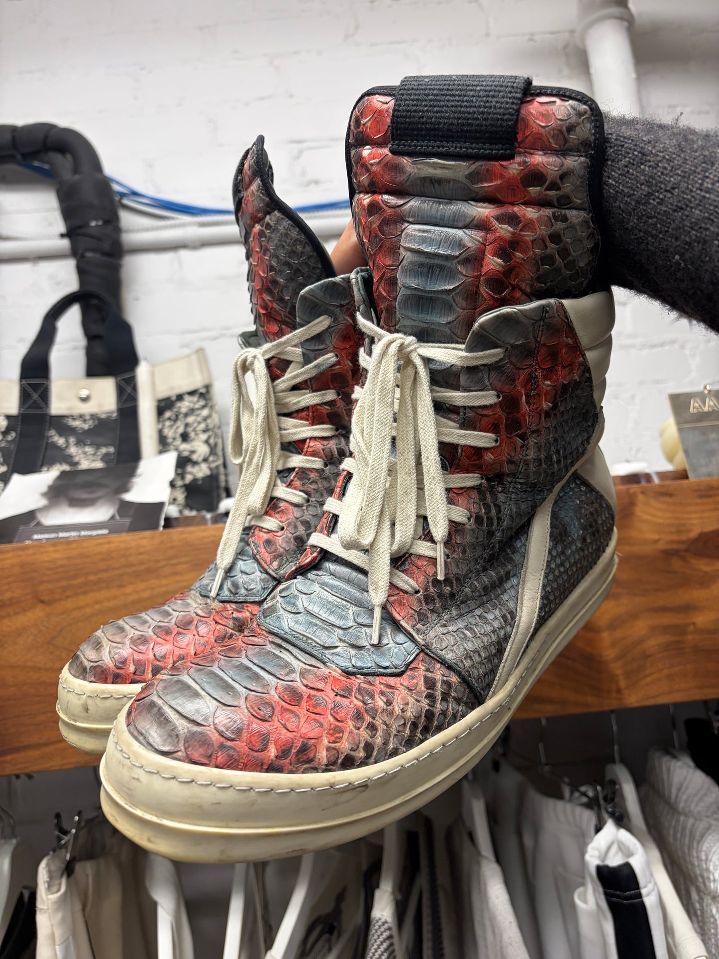 AW2022 Rick Owens ‘Strobe’ Genuine Python Leather ‘Geobasket’ High Top Sneakers