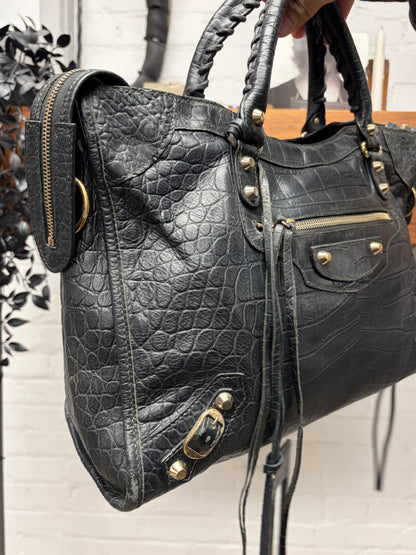 Balenciaga Embossed Croc Leather ‘City’ Classic Black Bag