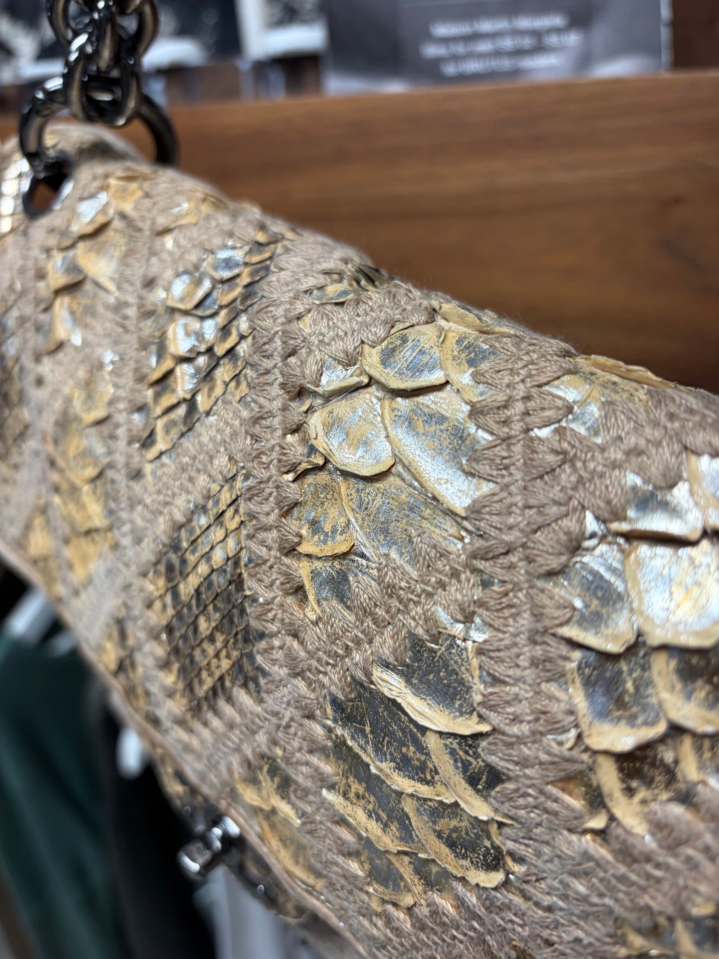 Chanel Genuine Python Leather Gold Crochet Classic Flap Topstitch Shoulder Bag