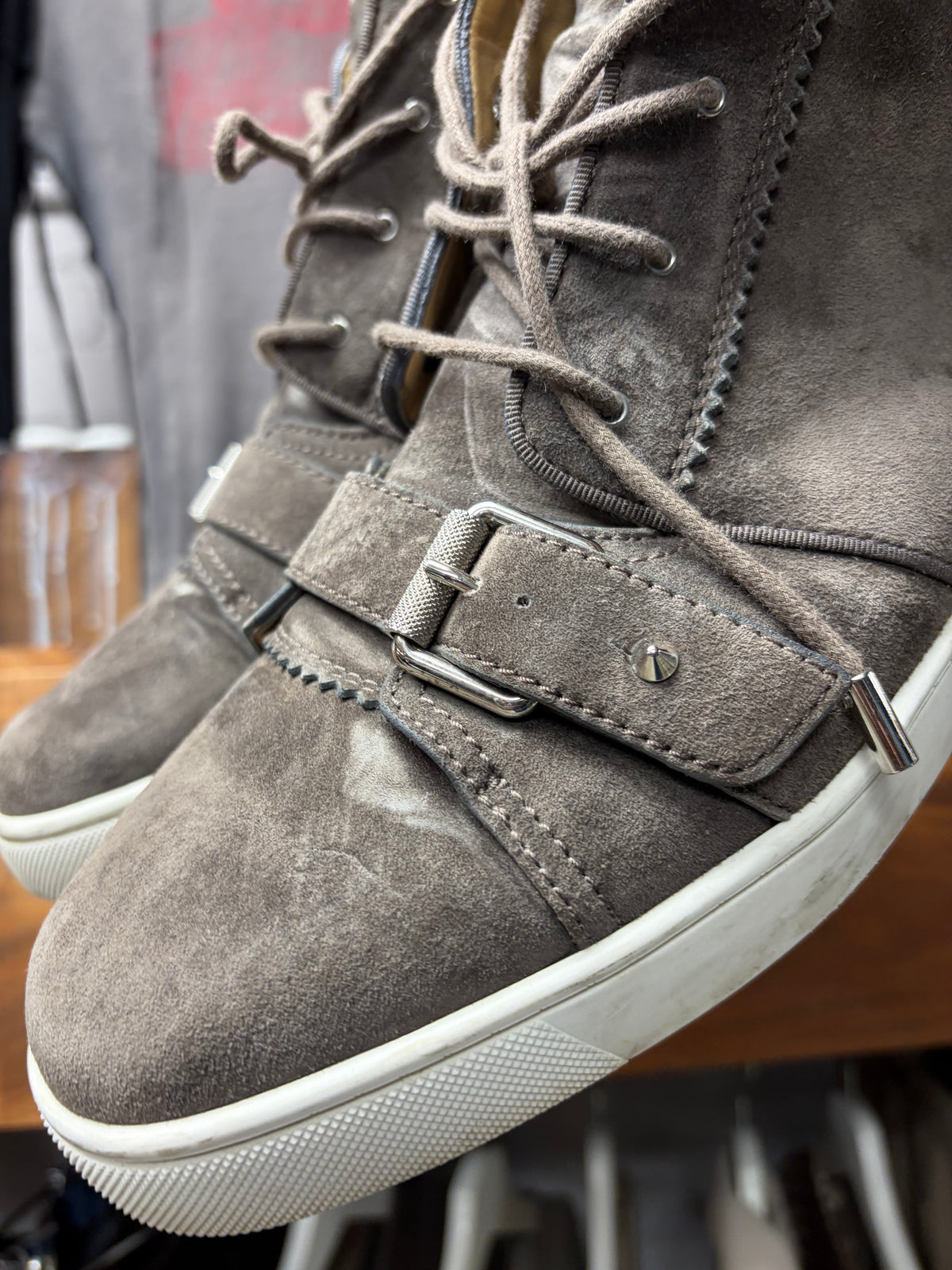 Christian Louboutin Brown Suede Studded Sneakers with Red Bottom Sole