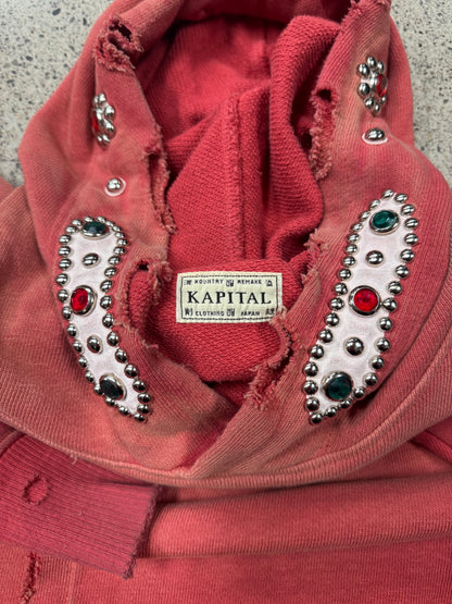 2024 Kapital ‘Gemstone’ Studded Sun-Fade Red Pullover Hoodie