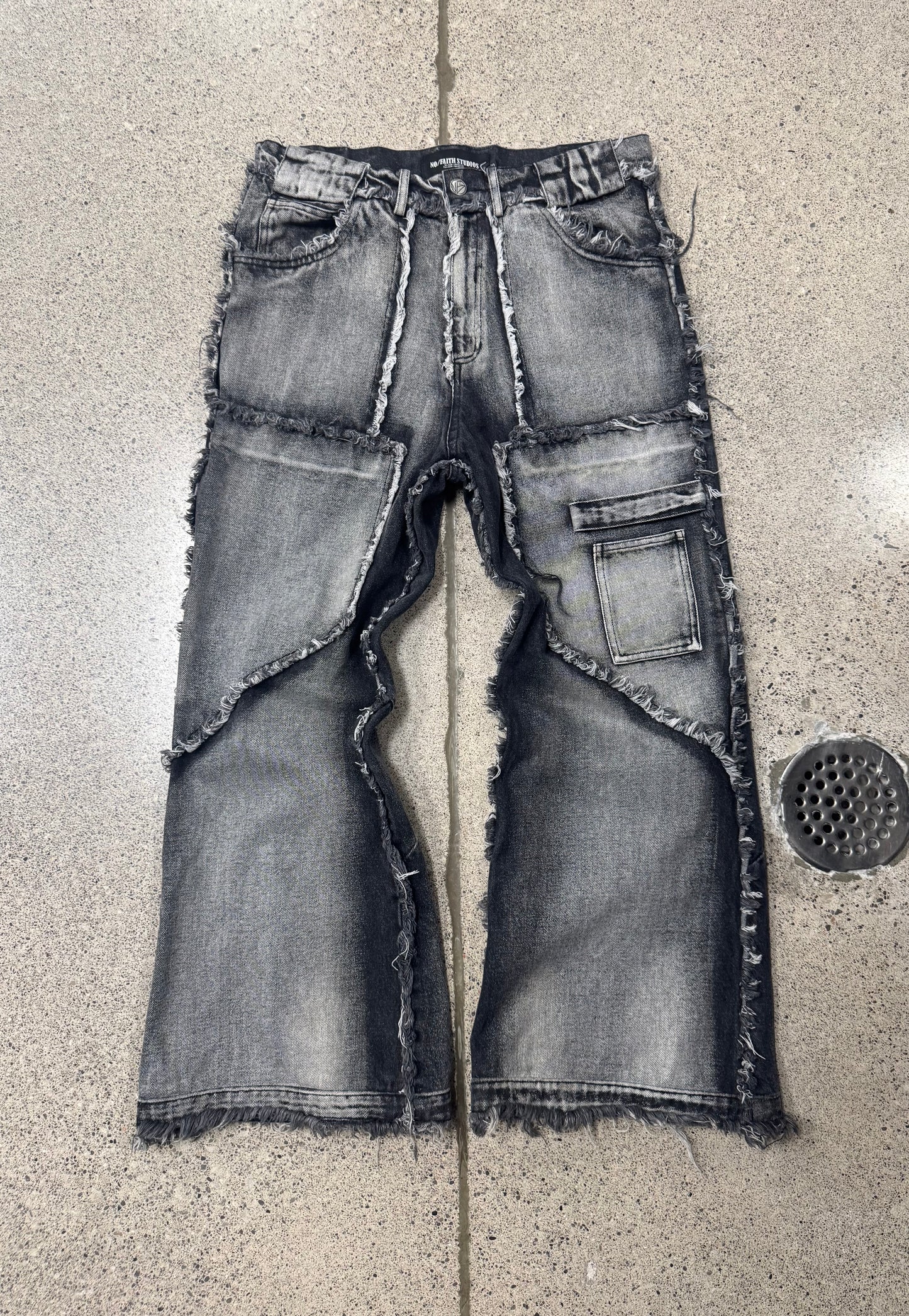 No Faith Studios ‘001’ Washed Grey Flared Denim