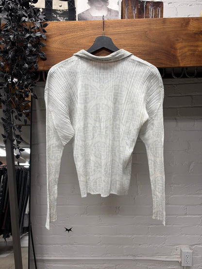 Issey Miyake Pleats Please White Pleated Long Sleeve Polo