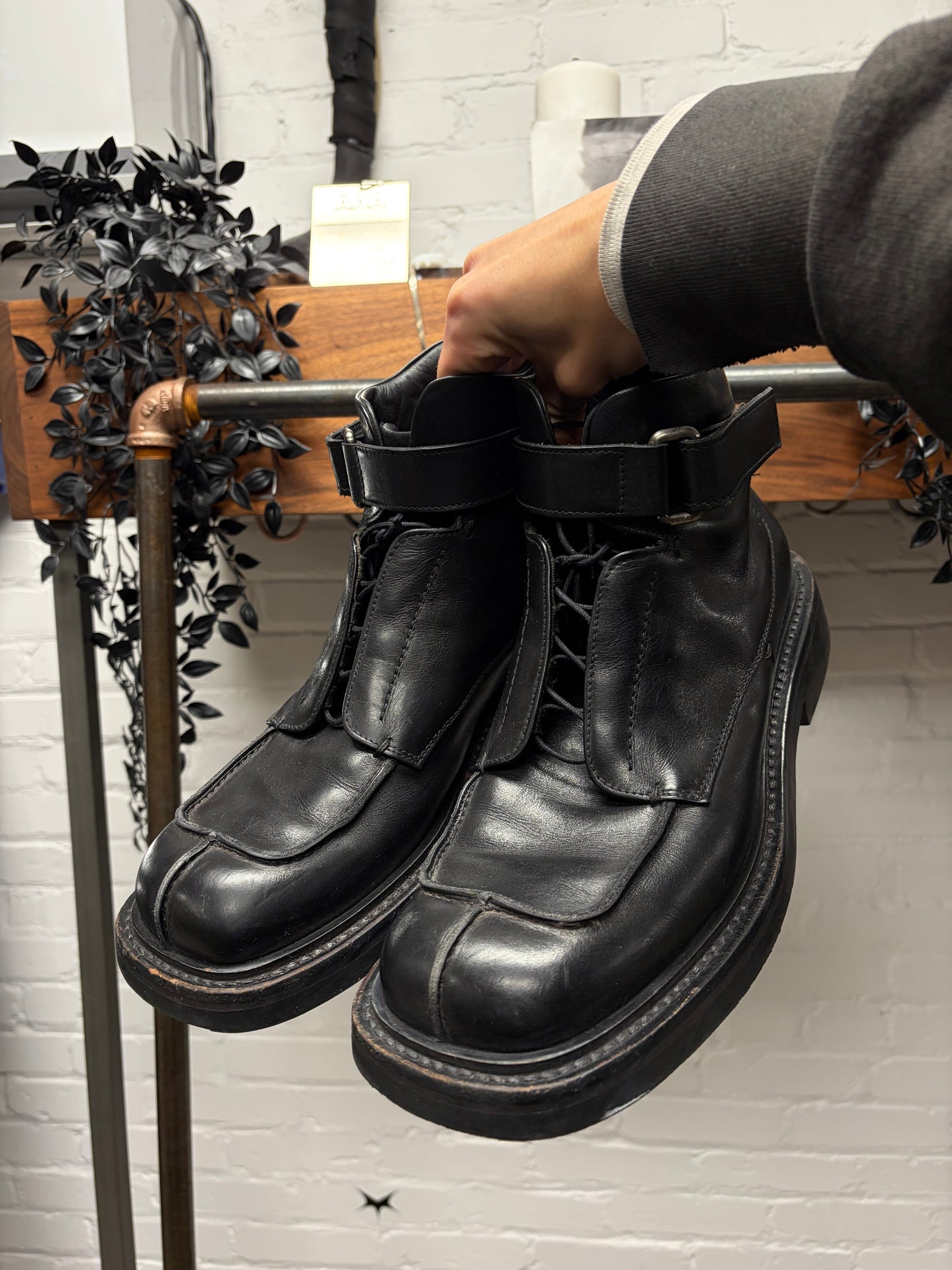 Prada Black Square Toe Black Leather Ankle Strap Boots