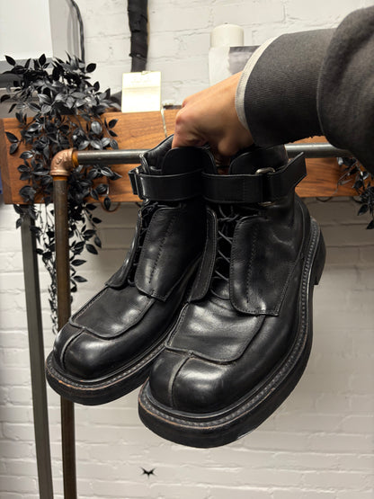 Prada Black Square Toe Black Leather Ankle Strap Boots