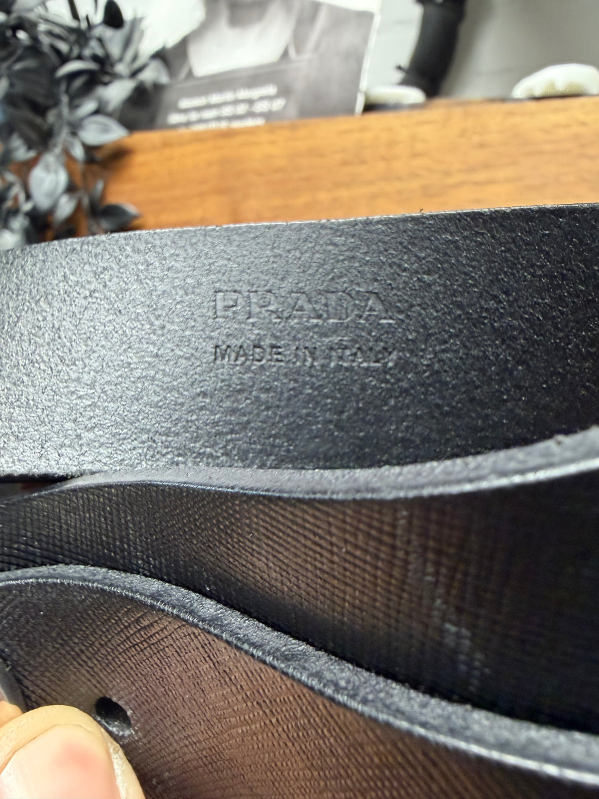 Prada Black ‘Saffiano’ Black Leather Belt with Silver Engraved Oval Buckle