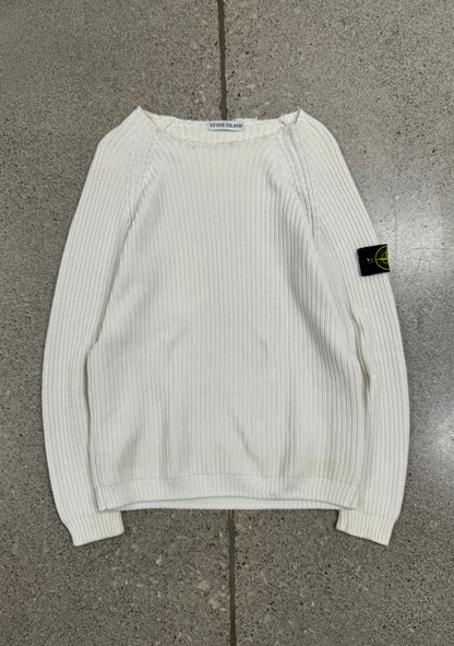 2000s Stone Island Cream White Badge Logo Knit Sweater