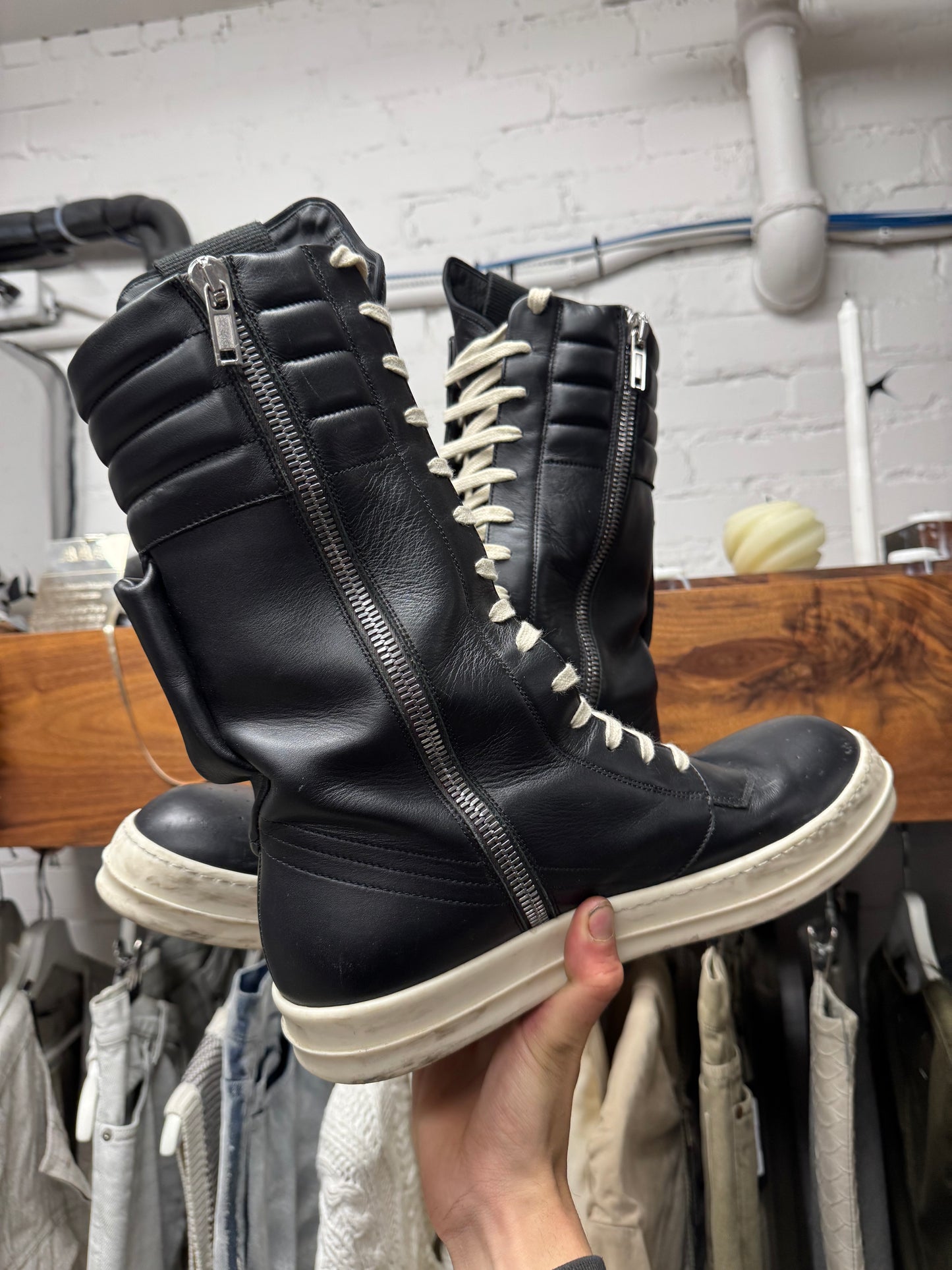 Rick Owens ‘Cargobasket’ Black/Milk Leather High Top Sneakers