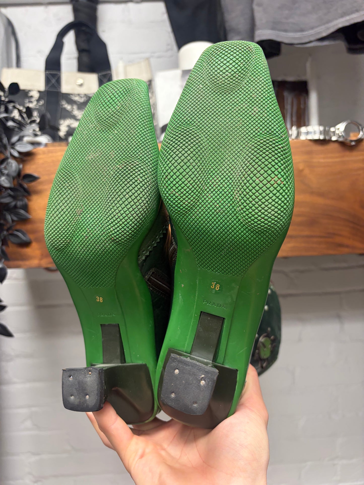 AW1999 Prada Green Calfskin Leather Leaf Appliqué Ankle Boots