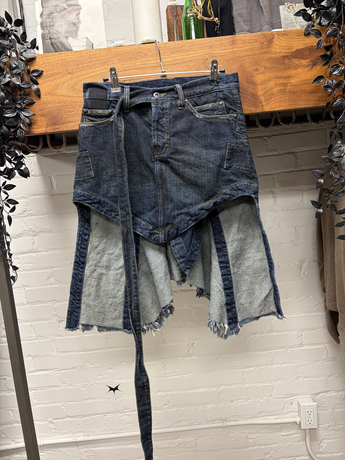 Rick Owens ‘Slab’ Dirt Washed Blue Denim Shorts with Fishtail Skirt