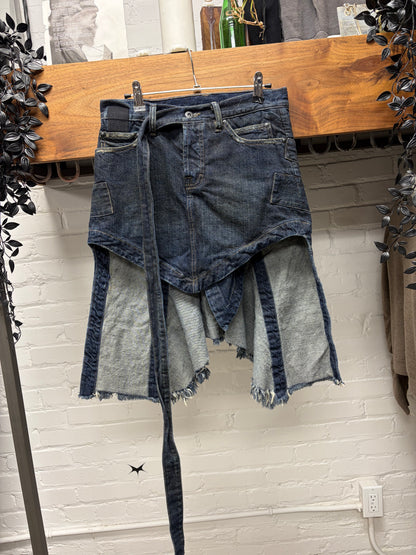 Rick Owens ‘Slab’ Dirt Washed Blue Denim Shorts with Fishtail Skirt