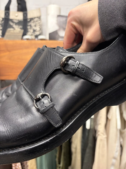 Gucci Double ‘Monk Strap’ Black Calfskin Leather Wood Sole Derbys