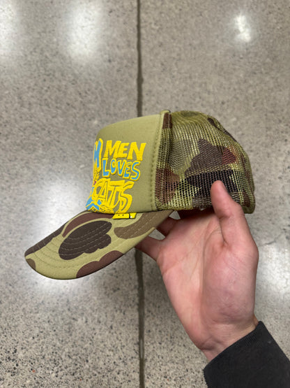Kapital ‘Denim Love Cats’ Camo Trucker Hat