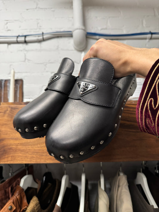 Prada Leather Studded Wood Sole Clogs