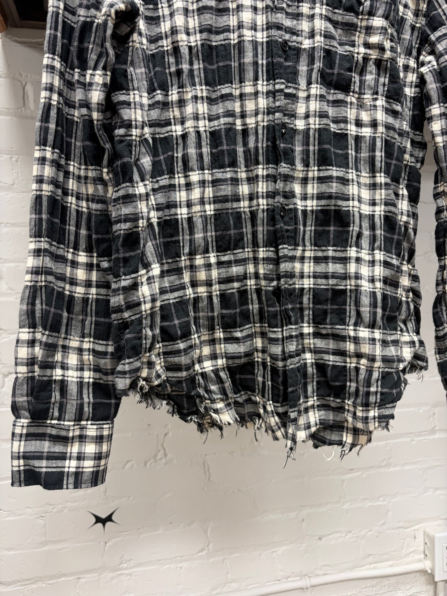 2016 Saint Laurent by Hedi Slimane Distressed Raw Hem Pearl Button Snap Flannel