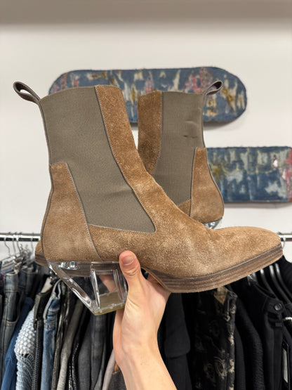 Rick Owens Brown Suede Clear Cuban Heel Platform Boots