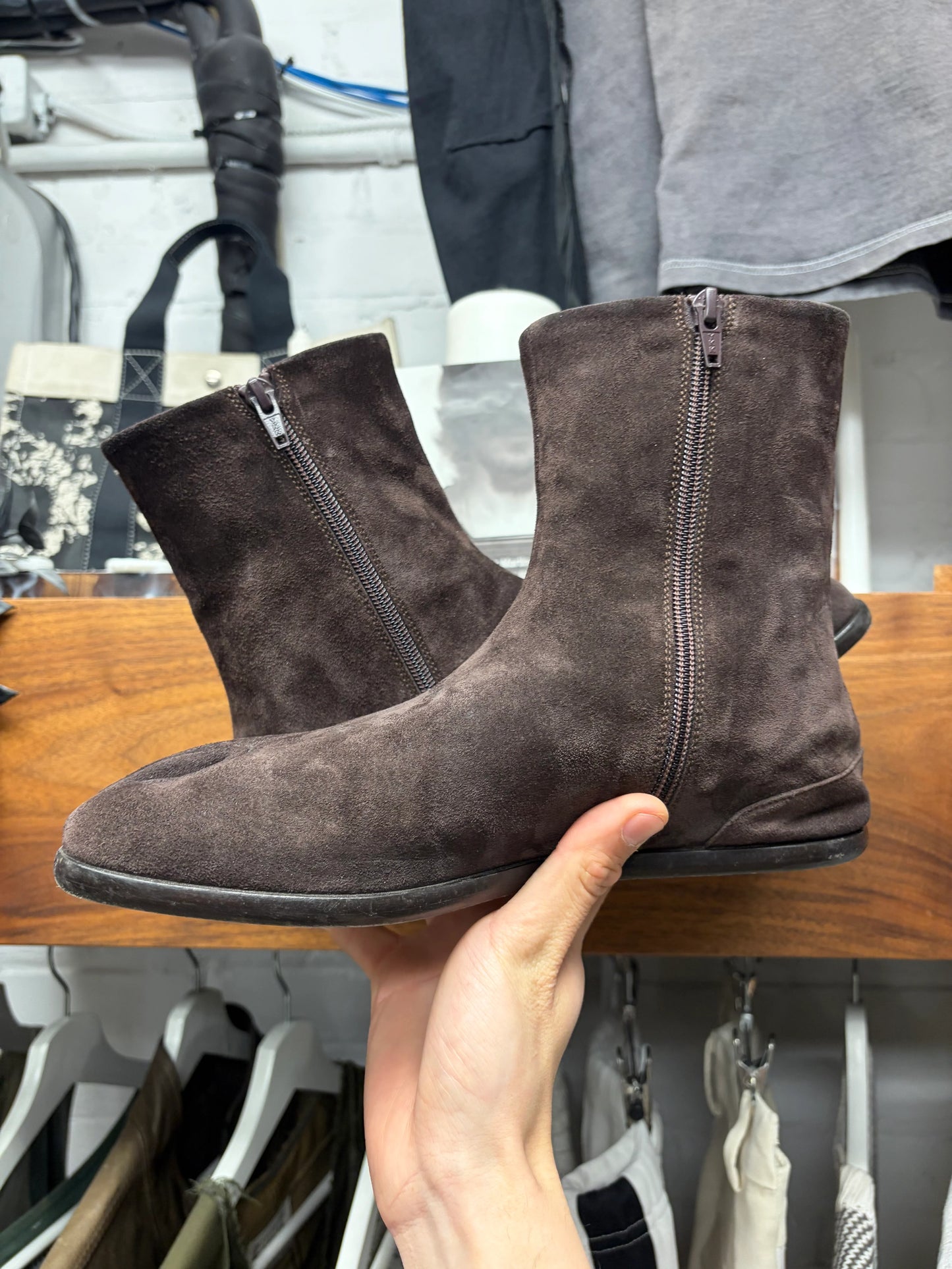 Maison Margiela ‘Tabi’ Brown Suede Split Toe Ankle Boots
