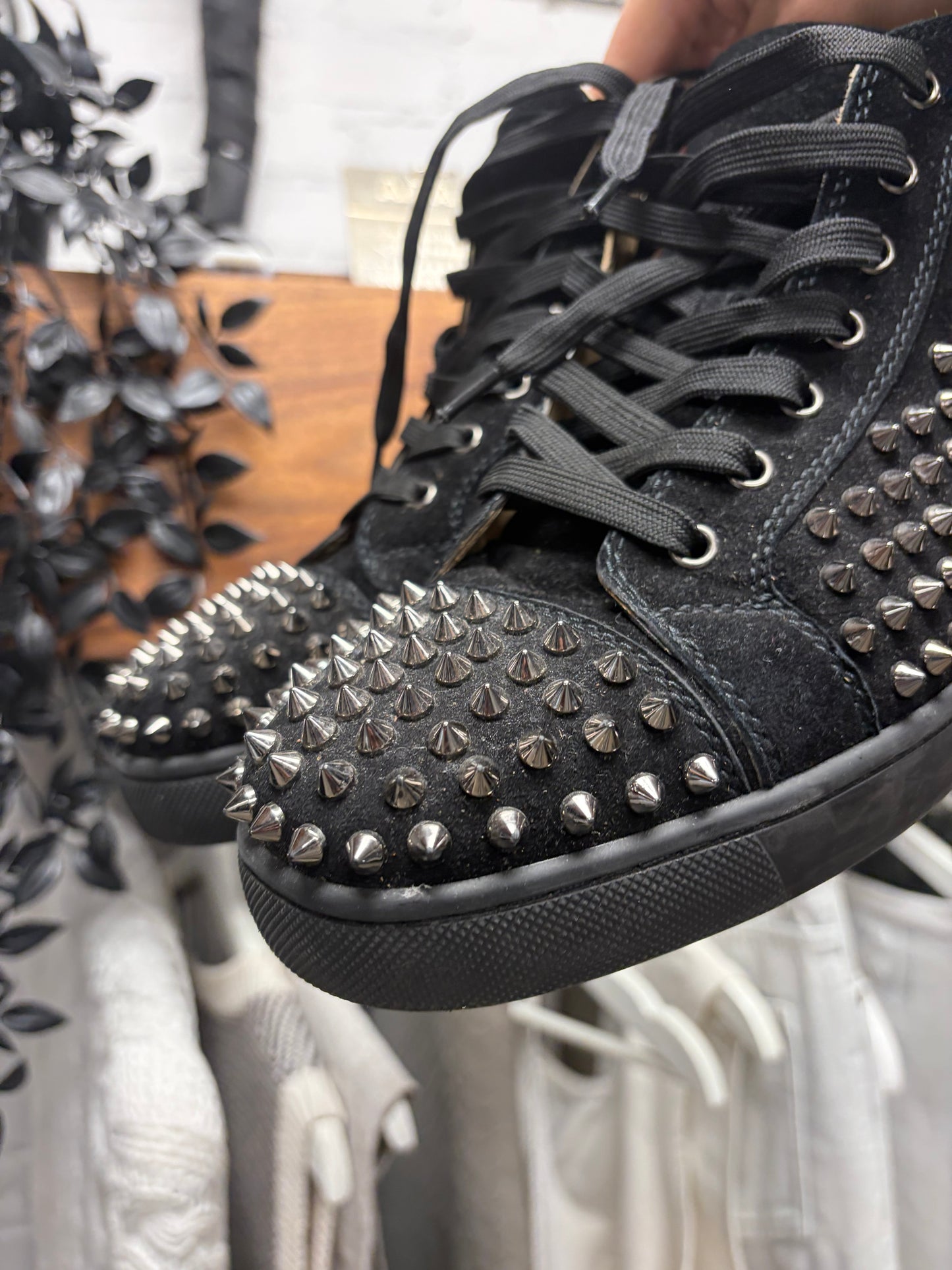 Christian Louboutin ‘Junior Spike’ Black/Red Bottom High Top Sneakers