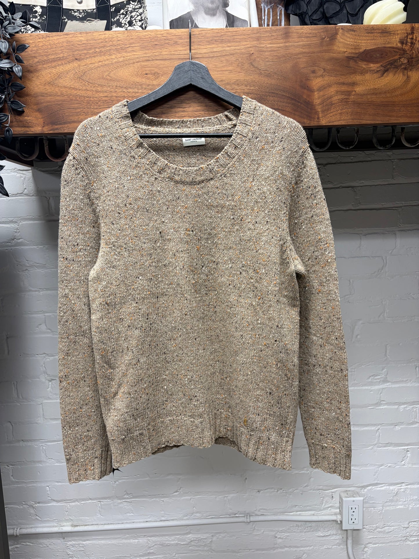 Saint Laurent Flocked Wool ‘YSL’ Pin Logo Knit Sweater