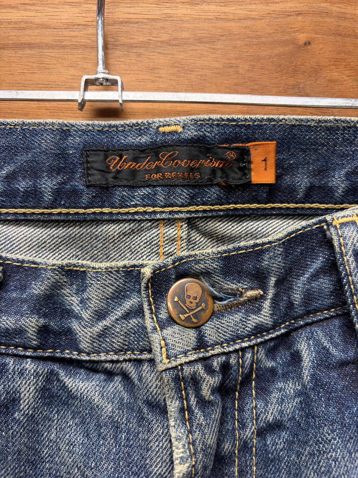 SS2005 Undercover 60 ‘But Beautiful’ Red Yarn Distressed Blue Men’s Skinny Jeans