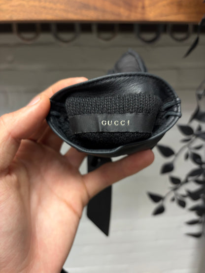 Gucci GG Silver Cuff Logo Black Leather Gloves
