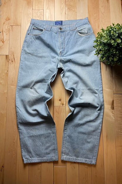 Kansai Yamamoto Embroidered Logo Wide Leg Light Wash Denim