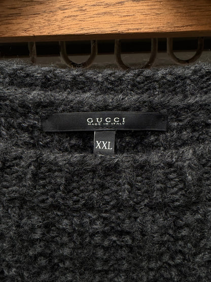 2000s Gucci Black Heavyweight Wool Knit Sweater with Shoulder Zipper