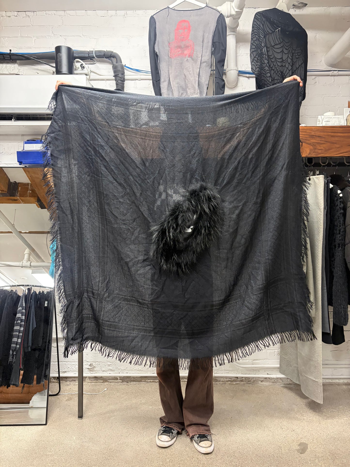 2000s Gucci Genuine Fox Fur Trim GG Monogram Black Scarf