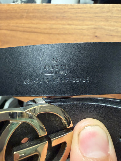 Vintage 90s Gucci GG Interlock Logo ‘Minimal’ Black Leather Belt