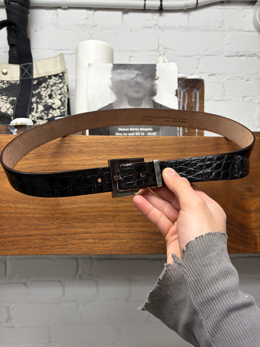Dolce & Gabbana Genuine Crocodile Black Leather Belt with Silver Square Buckle