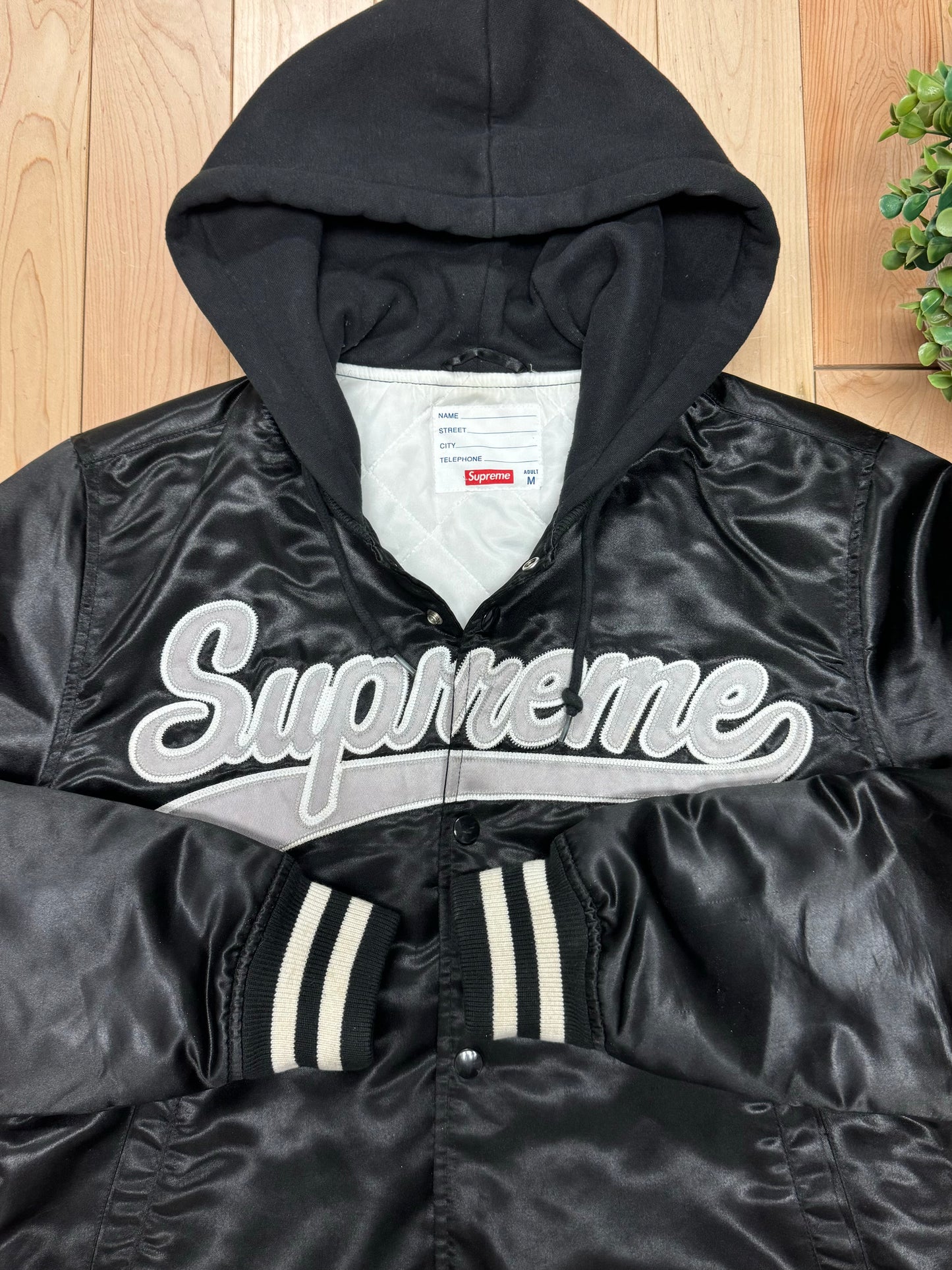 SS2014 Supreme ‘Black Satin’ Hooded Varsity Jacket