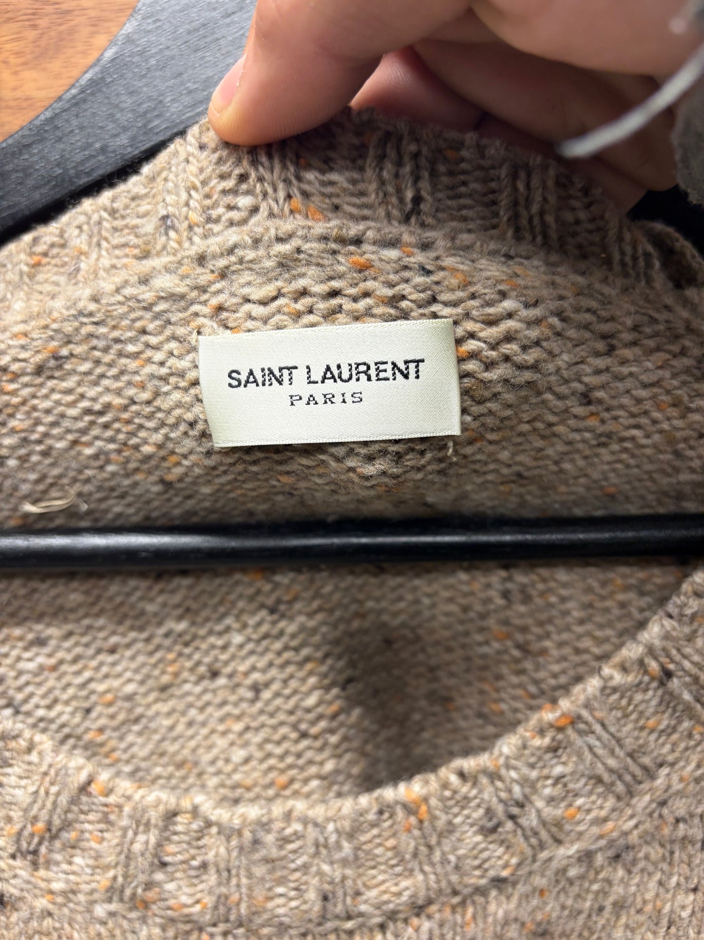 Saint Laurent Flocked Wool ‘YSL’ Pin Logo Knit Sweater
