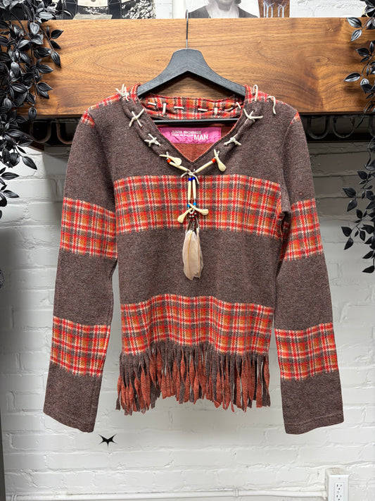 AW2003 Junya Watanabe Striped Wool Knit Sweater with Laced Feather Charms