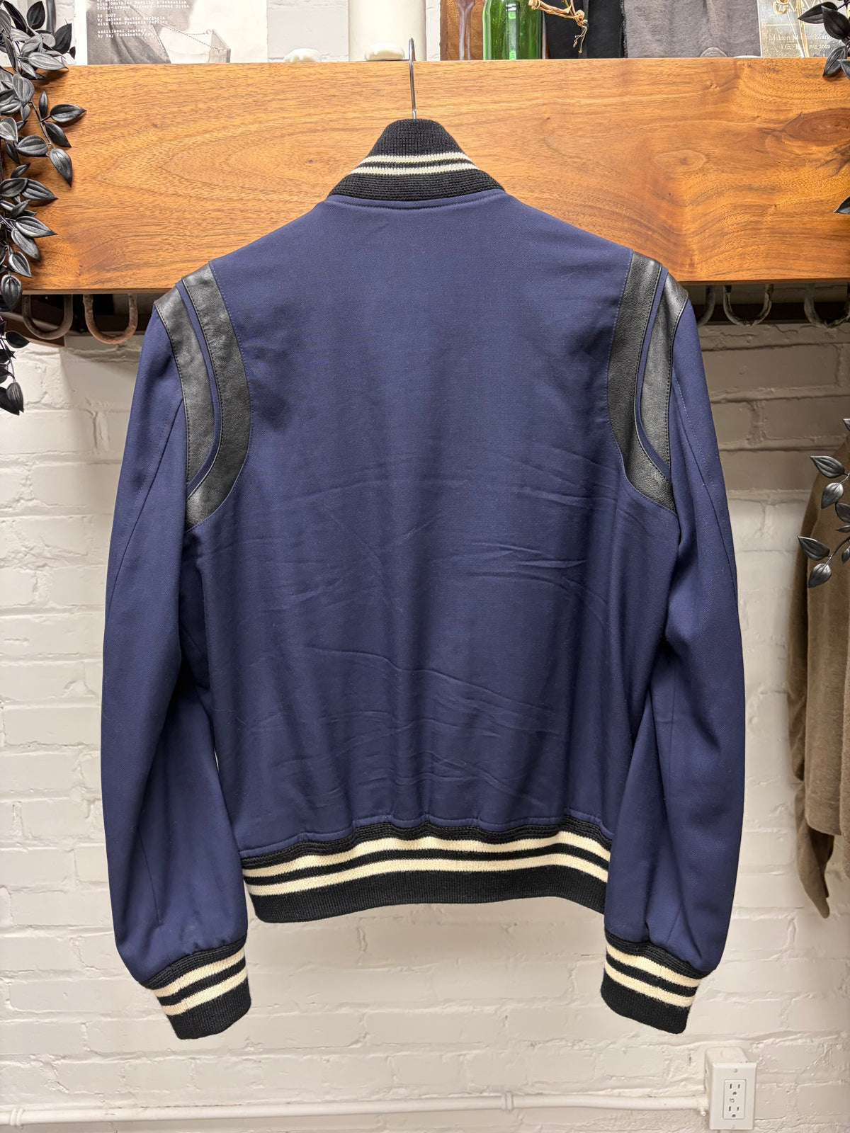 2015 Saint Laurent by Hedi Slimane Navy/Black Cotton/Leather Teddy Bomber Jacket