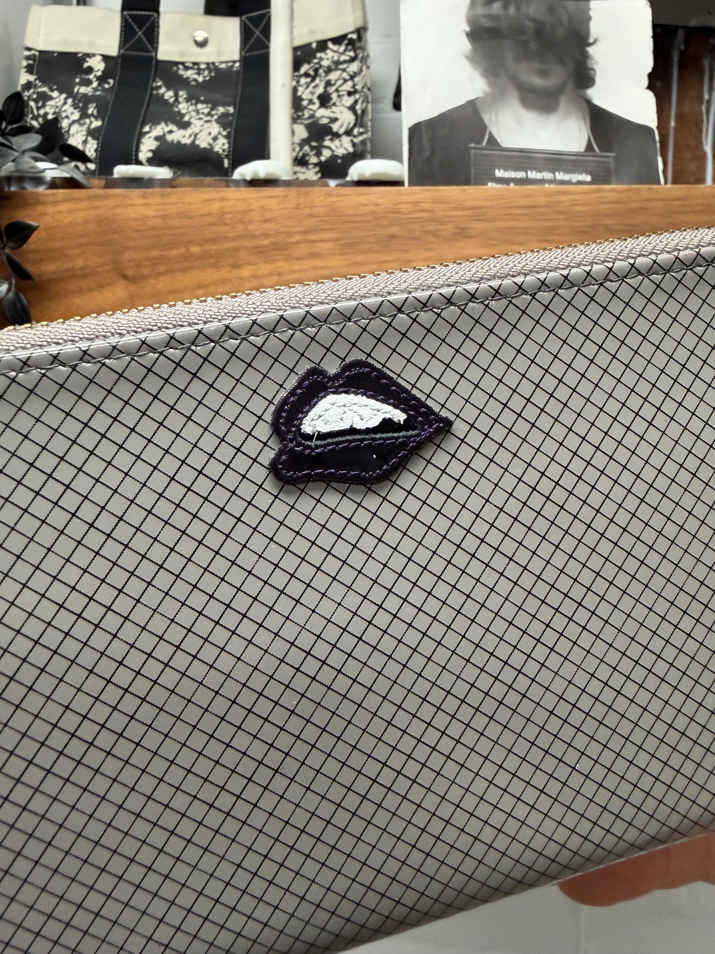 Undercover ‘Lips’ Grey Grid Leather Continental Long Wallet