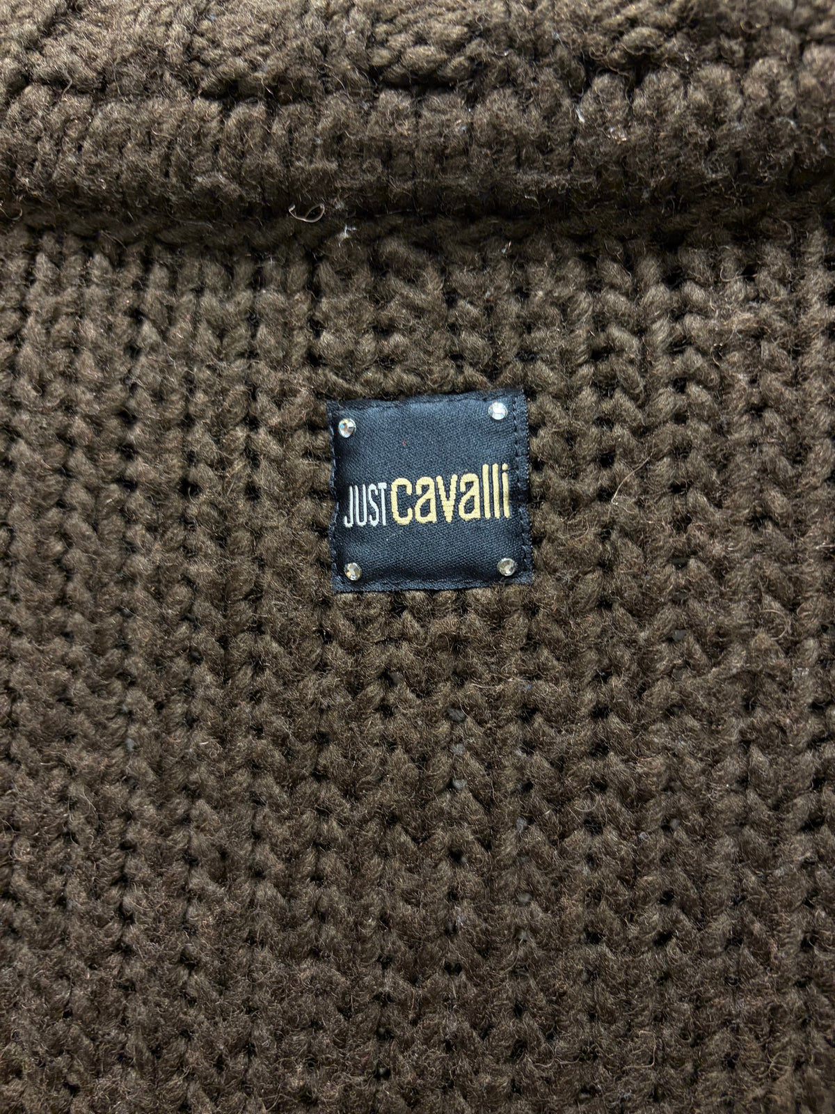 2000s Roberto Cavalli Brown Wool Knit Sweater with White Contrast Stitching