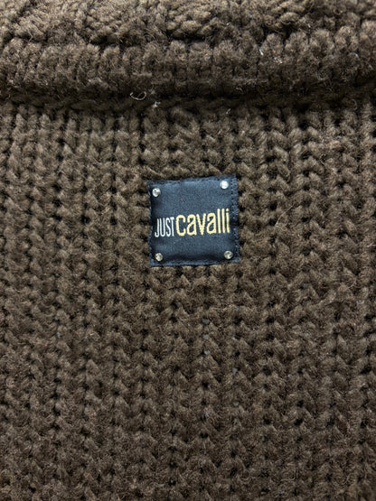 2000s Roberto Cavalli Brown Wool Knit Sweater with White Contrast Stitching