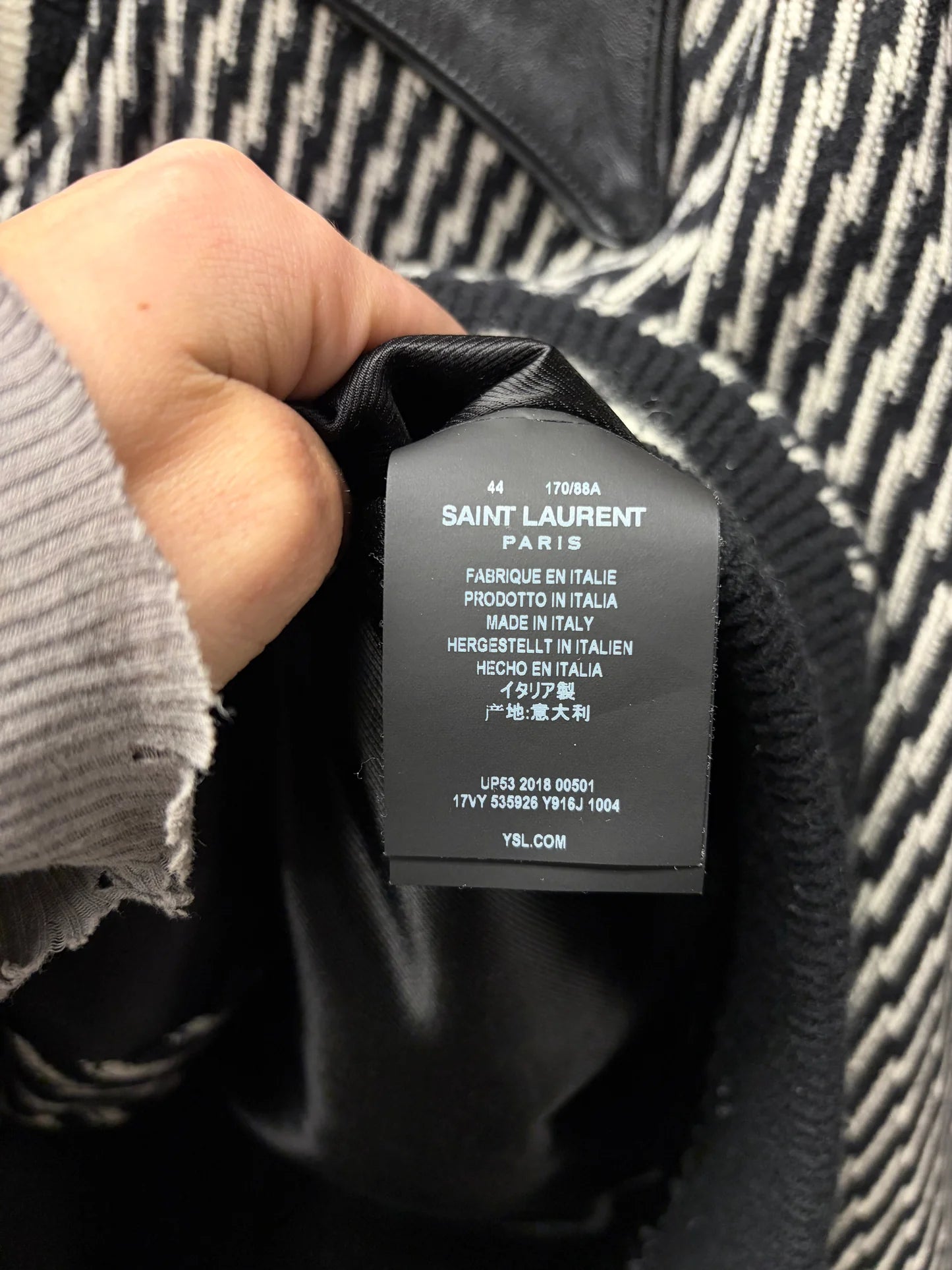 AW2018 Saint Laurent Houndstooth Black/White ‘Teddy’ Varsity Jacket with Leather Accents