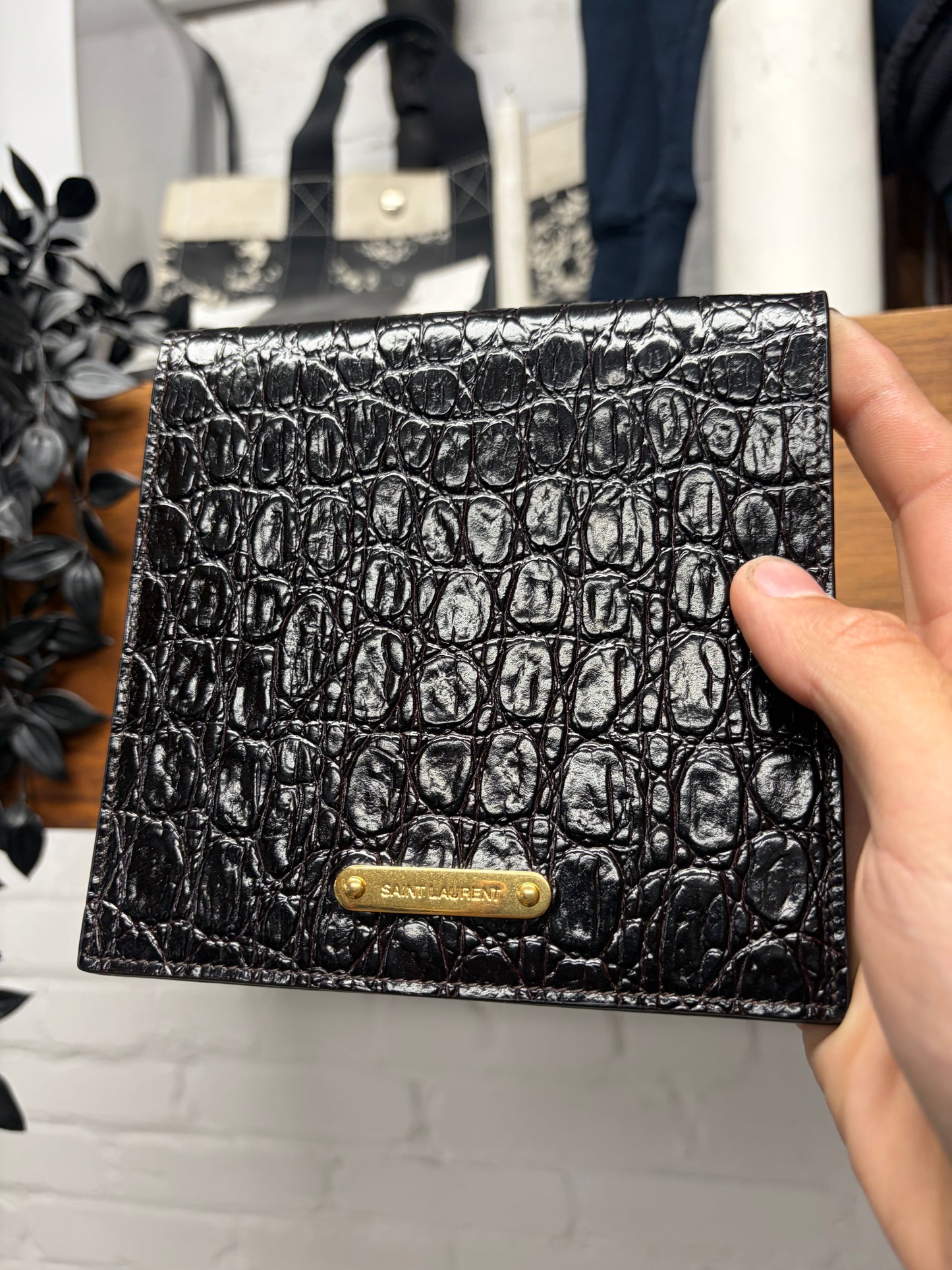 Saint Laurent Black Crocodile Embossed Leather Passport Holder