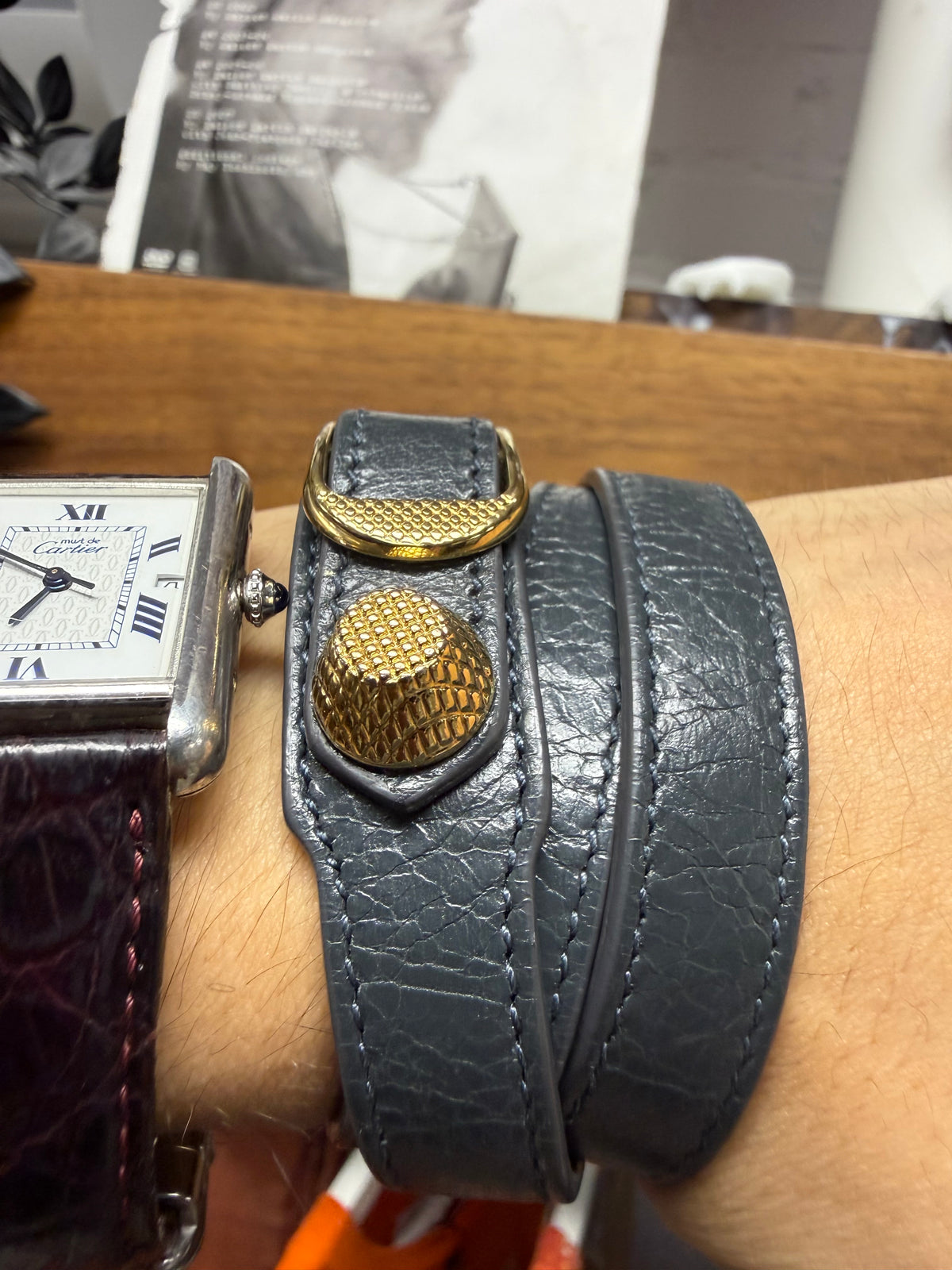 Balenciaga ‘Tour’ Double Wrapped Leather Bracelet with Gold Hardware