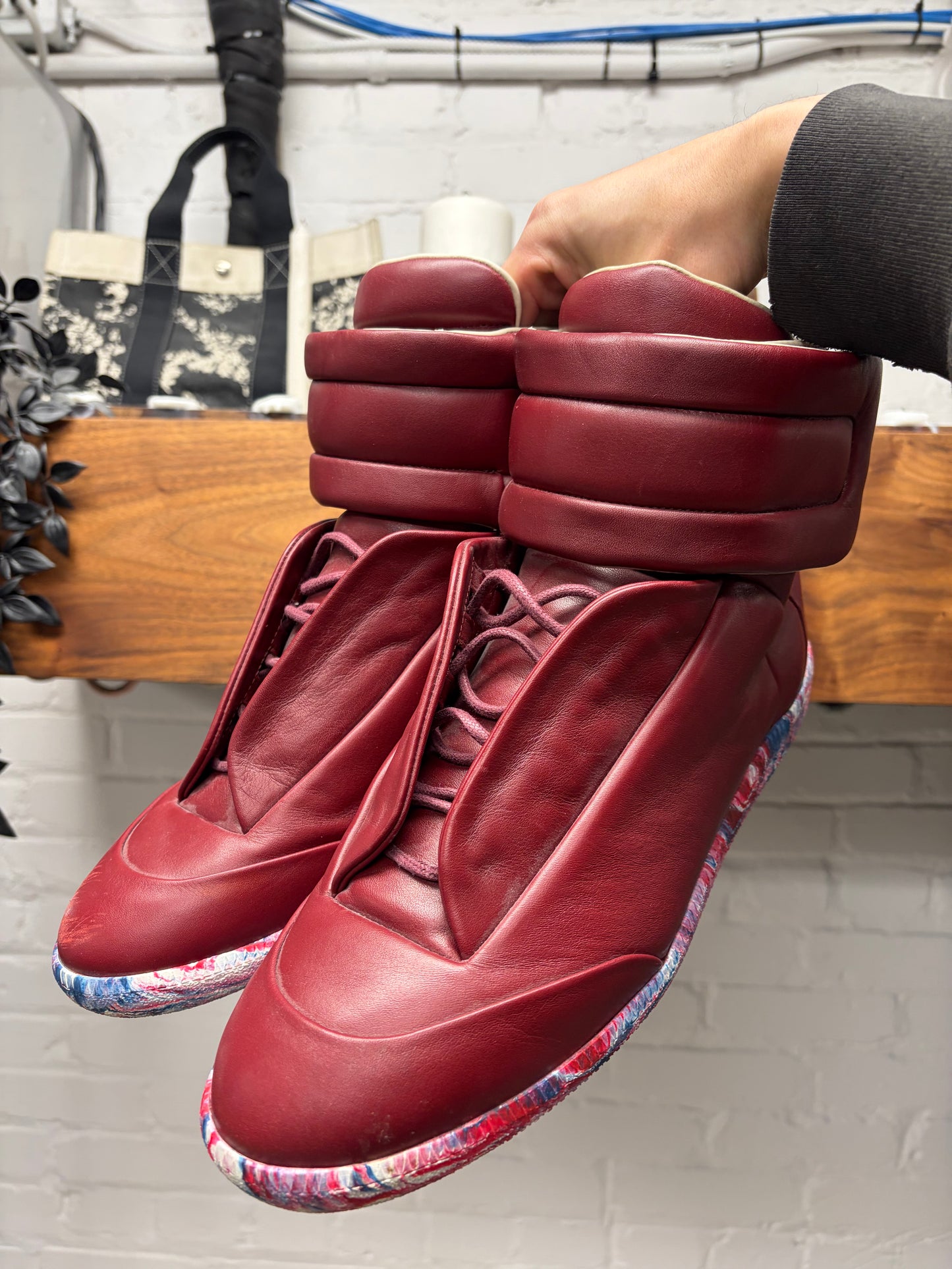 Maison Margiela ‘Future’ Burgundy/Dip Dyed Leather High Top Sneakers
