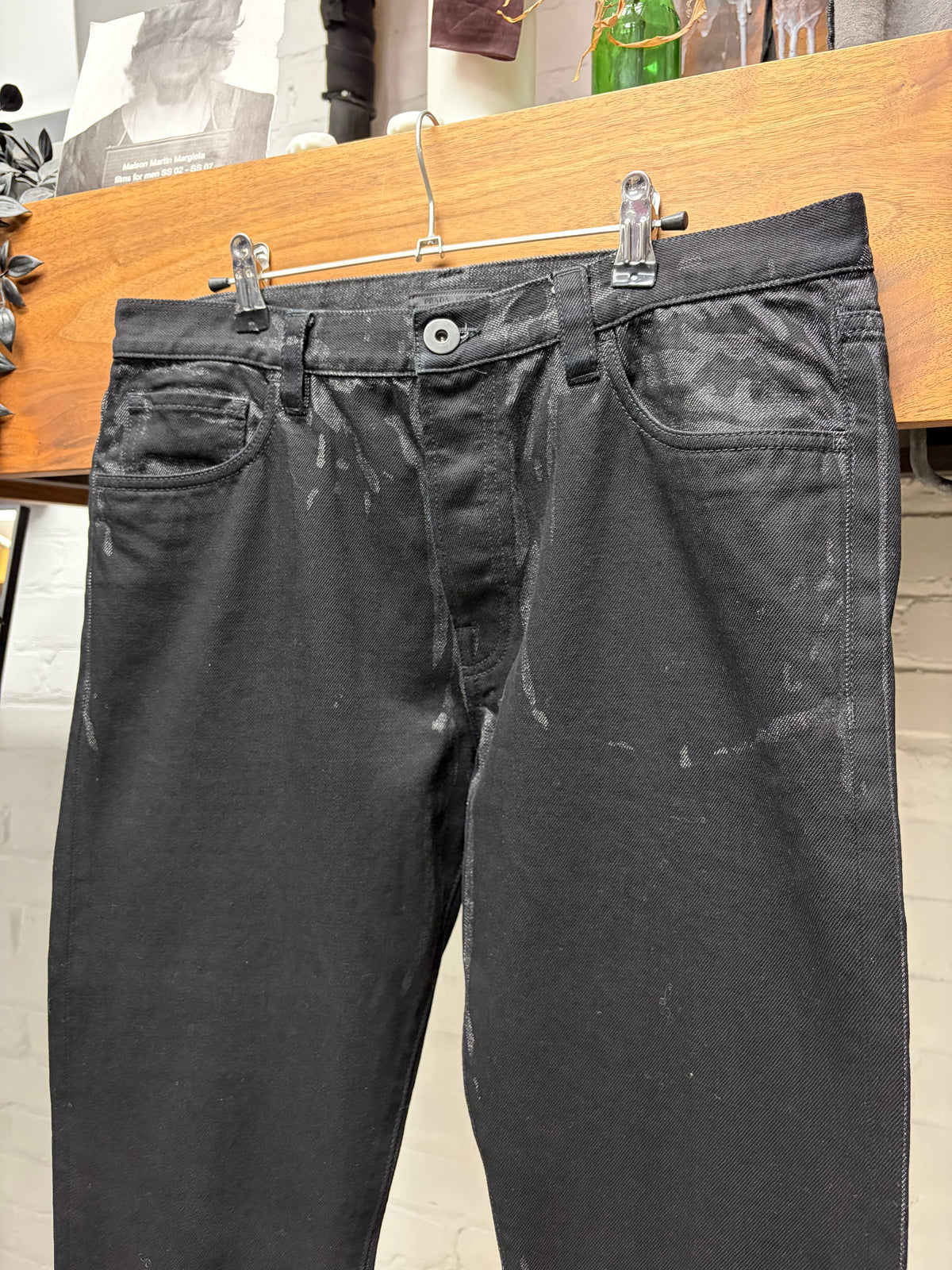 Prada Waxed Black Coated Skinny Jeans with Saffiano Patch Logo