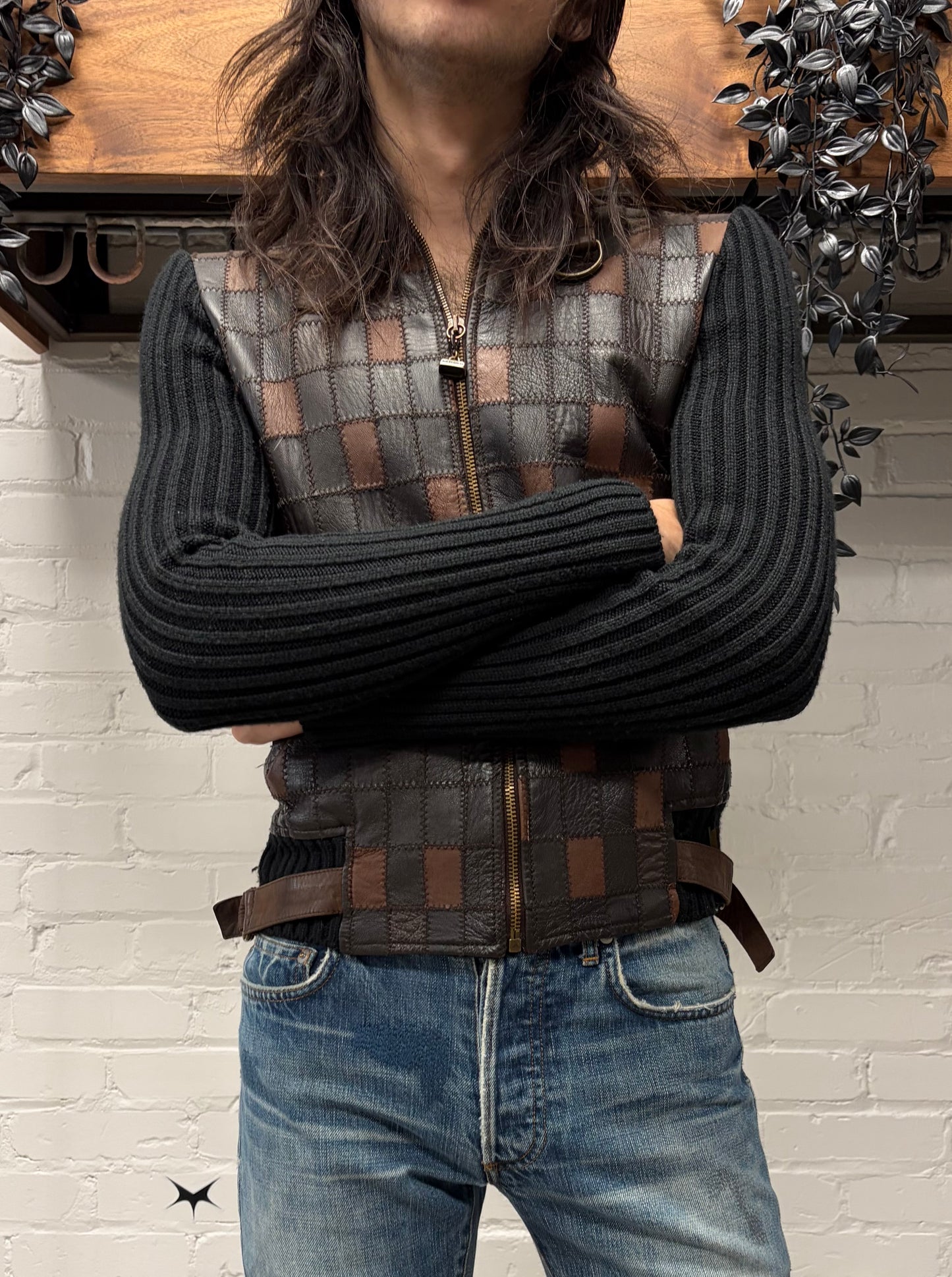 Chloe Mixed ‘Geometric’ Tiled Leather Ribbed Knit Sweater