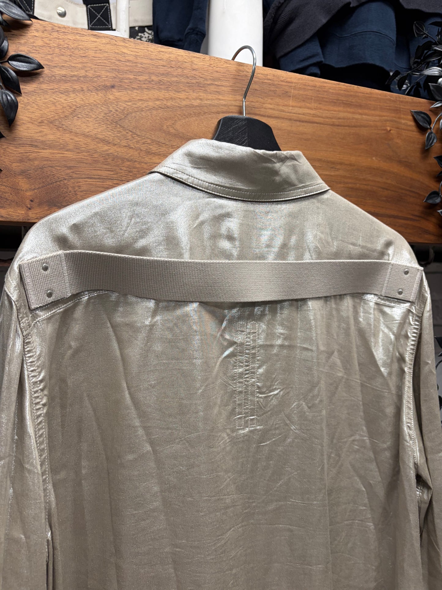 SS2022 Rick Owens ‘Fogachine’ Metallic Effect Coated Silver Shirt with Back Shoulder Strap