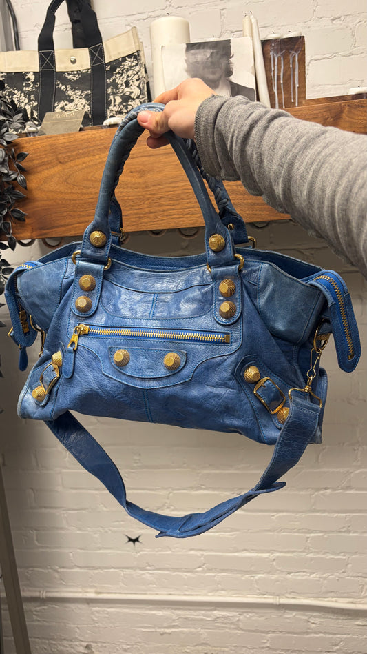 Balenciaga Aquamarine ‘City Bag’ with Gold Hardware and Crossbody Strap