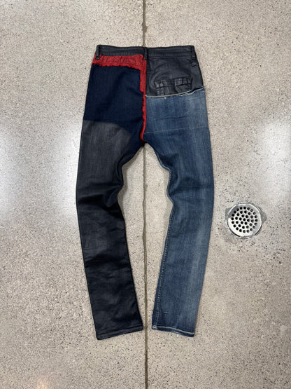 Rick Owens DRKSHDW Red/Black Waxed ‘Detroit’ Cut Hybrid Denim