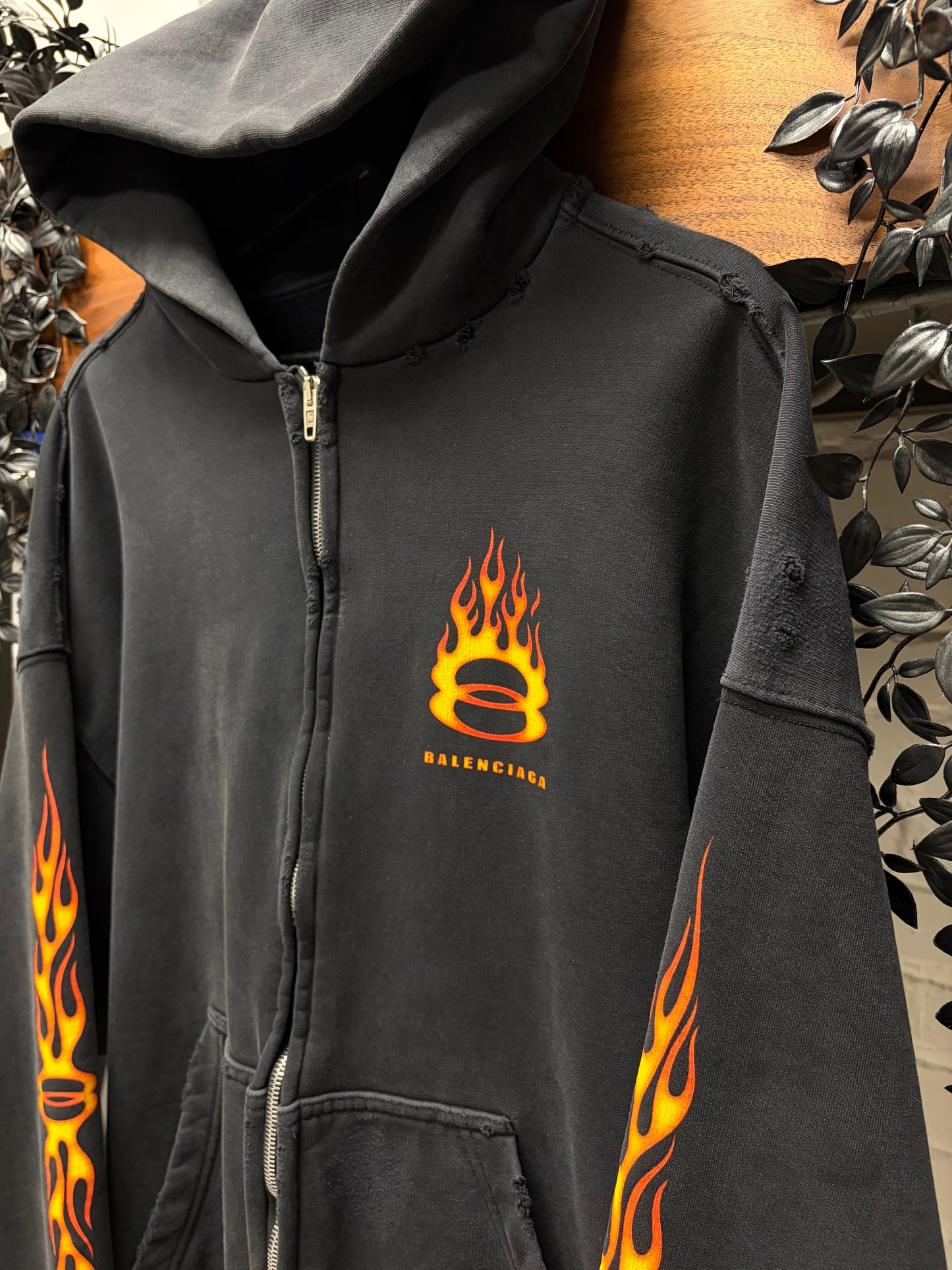 SS2024 Balenciaga ‘Unity Flame’ Distressed Black Pullover Hoodie